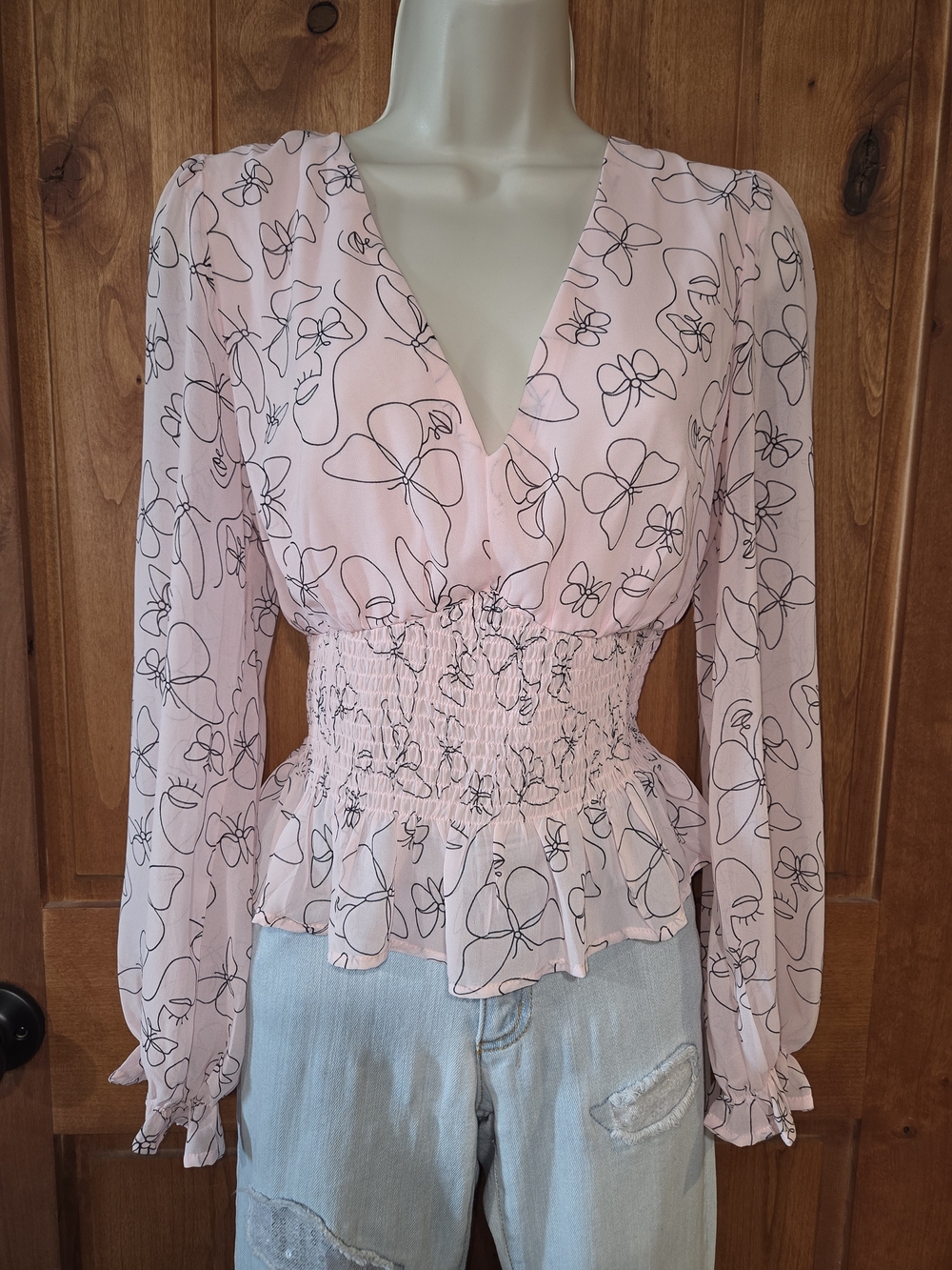 Lulumari Light Pink & Black Butterfly Print Smocked Peplum Blouse